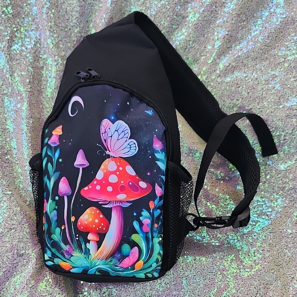 Mushroom & Butterfly Sling Bag - Black and Multicolor! So Fun New!